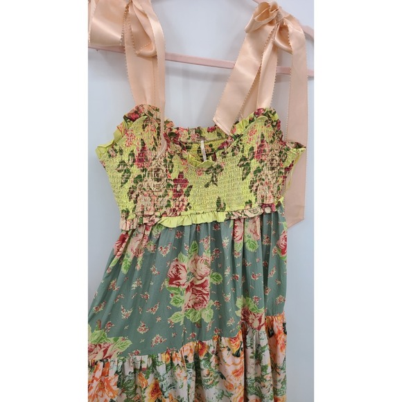 Free People Bluebell Patchwork Floral Maxi Tiered Dress Medium Smocked Ribbon - Picture 3 of 11